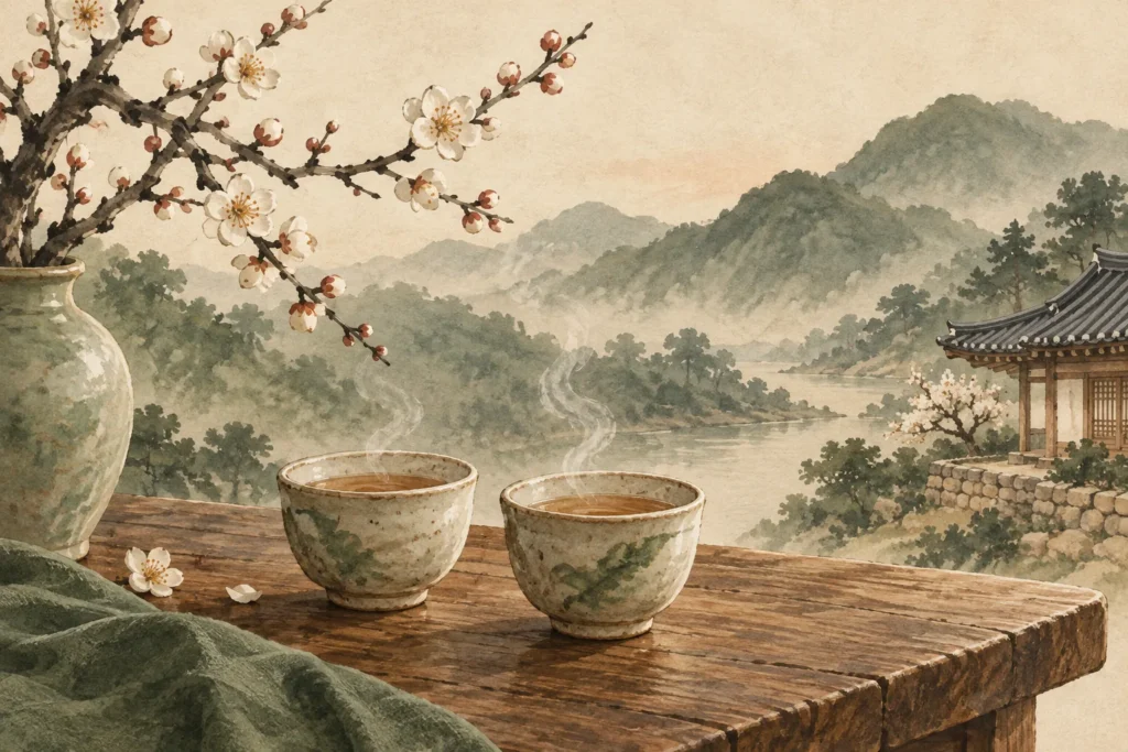 梅の花のそばで湯気を立てる二つの茶碗