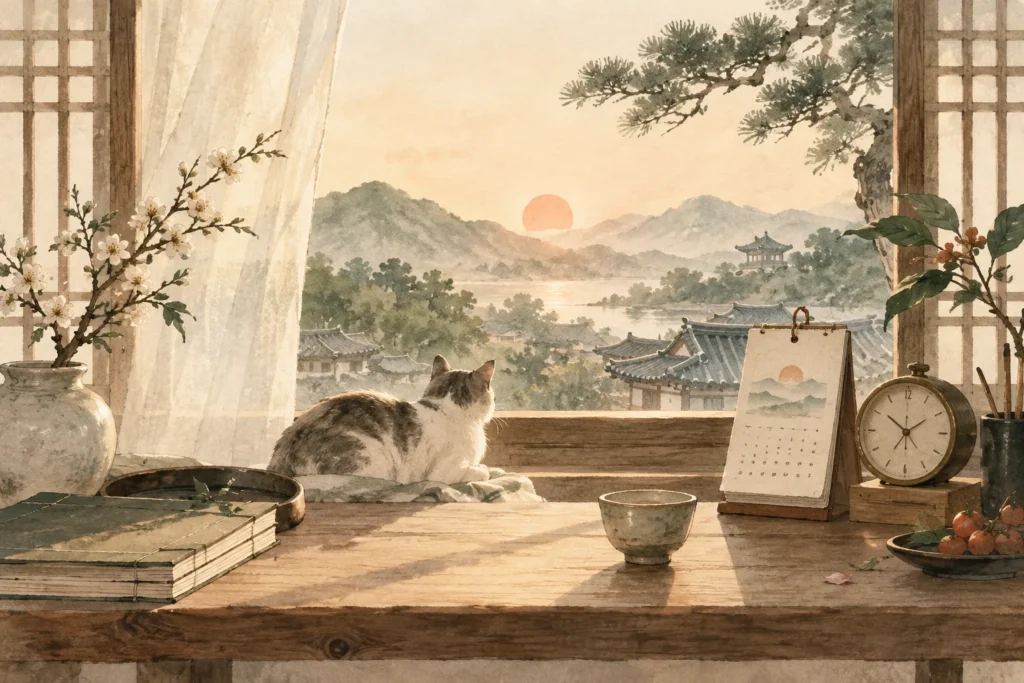 夜明けの窓辺に置かれた時計と暦。出生時刻を考えるためのイメージ。