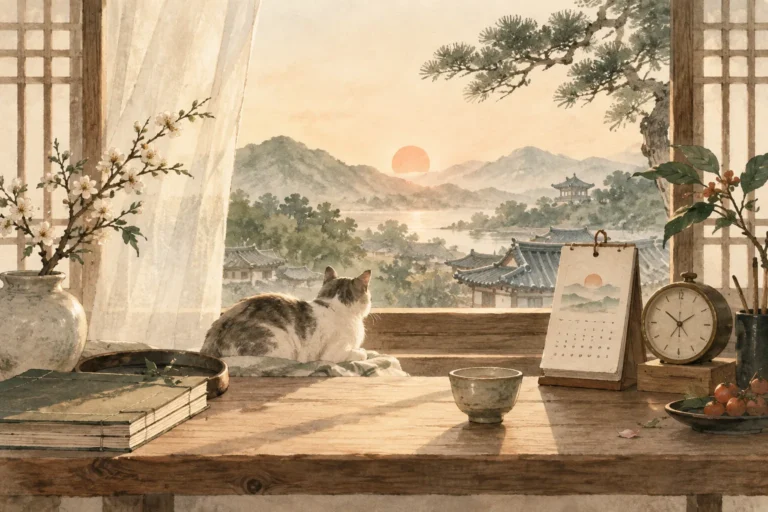 夜明けの窓辺に置かれた時計と暦。出生時刻を考えるためのイメージ。