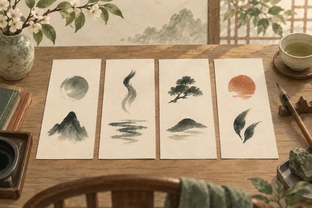 四柱をイメージした四枚の紙と墨絵。実際の命式は本文の図解に掲載。